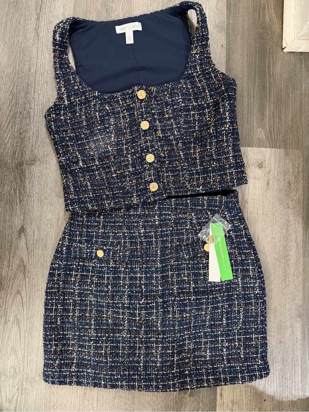 AQUA x VENUS WILLIAMS - Navy Tweed Two-Piece Dress Set with Gold Buttons